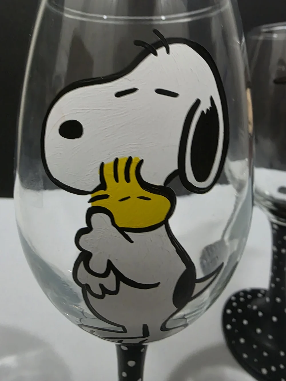 Snoopy/Woodstock & Charlie Brown Black Polka Dot Stemmed Wine Glasses